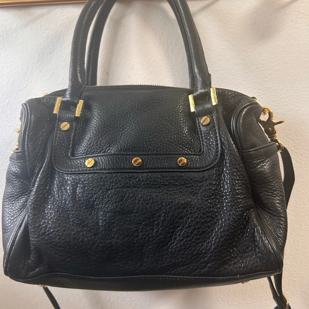 Tory Burch Amanda Satchel Purse Black Leather Handbag with Gold Accents - Picture 5 of 10